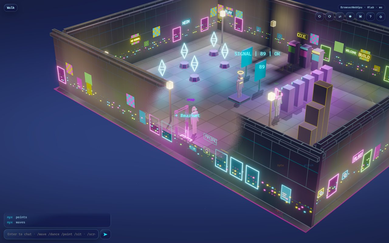 The machine room: racks, a console, a hologram sculpture, rack lights and checker blocks on the walls
