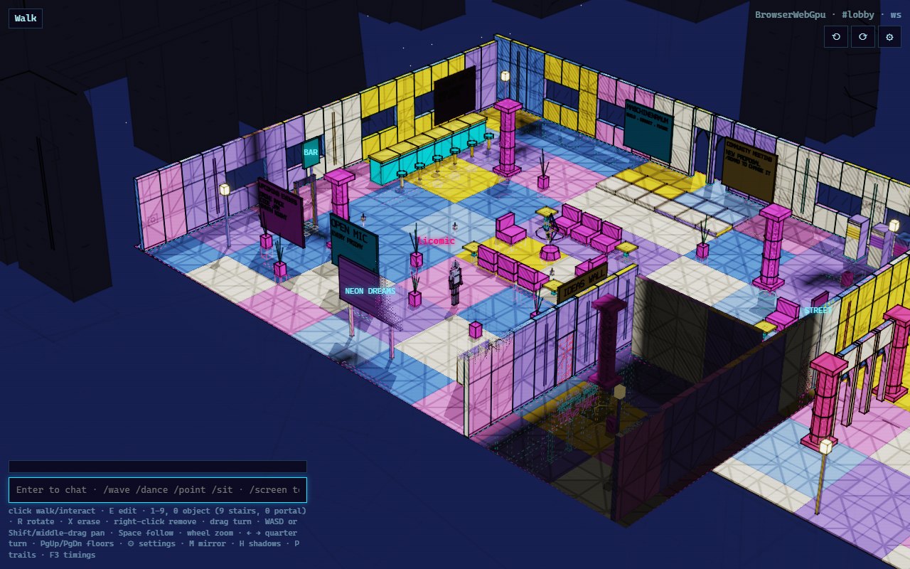 Lobby in the Comic look: blue, pink, yellow and cream blocks with ink lines on a navy night