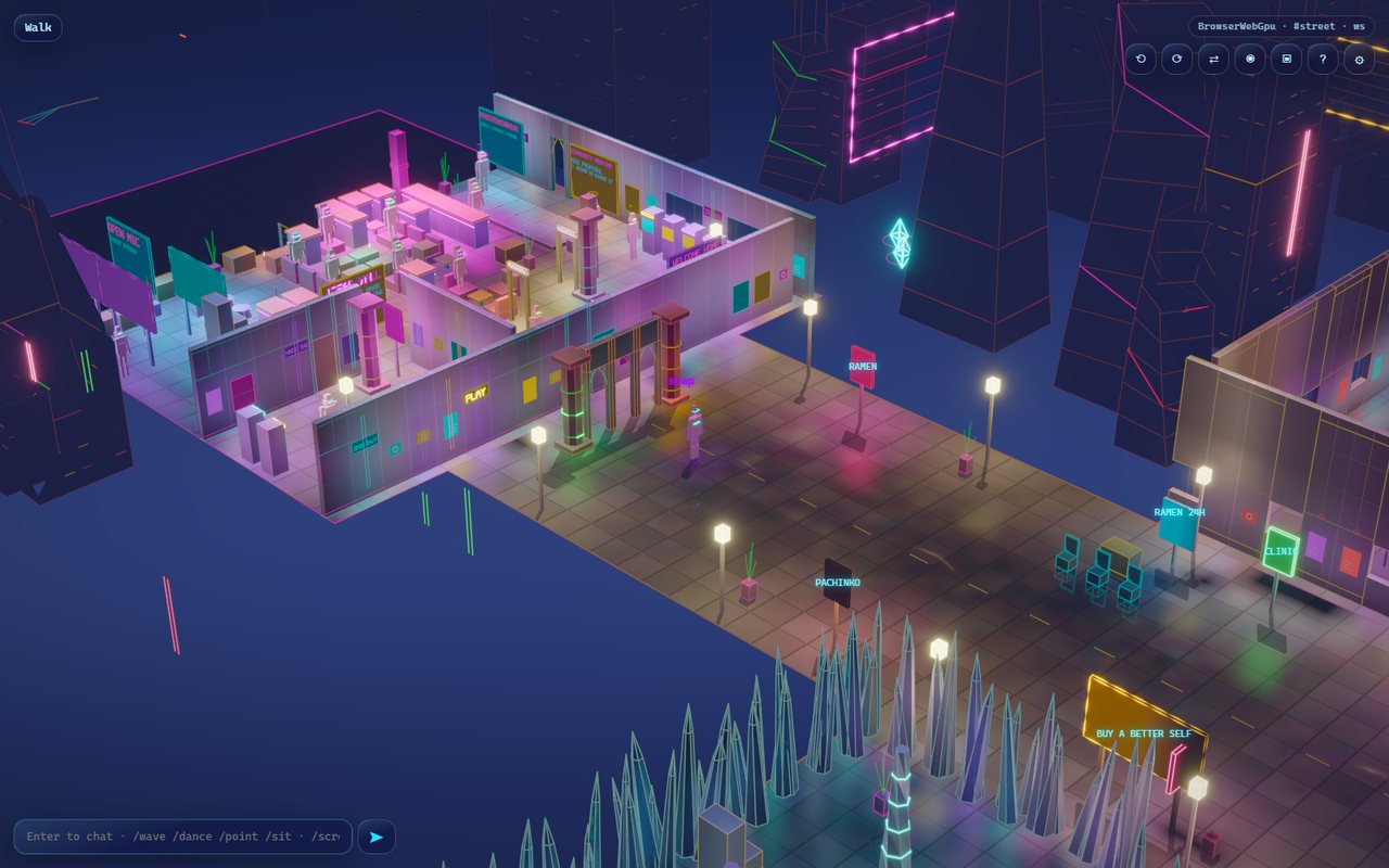 The street with the lobby, the atrium and the crystal geode next door, each lit by its own lamps and neon