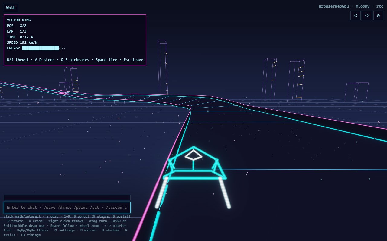 Chase view of a ship on VECTOR RING at 192 km/h; the status line reads BrowserWebGpu · #lobby · rtc