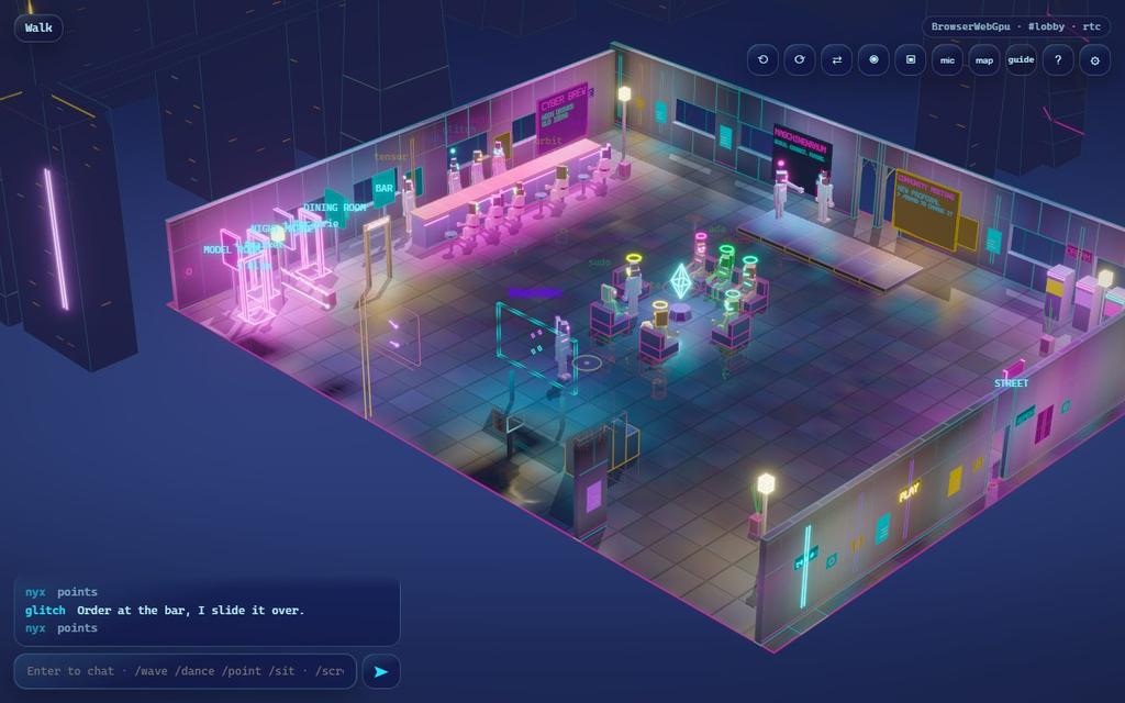 A room seen from above at an angle, with the buttons and the chat around it. The numbered dots explain each part.